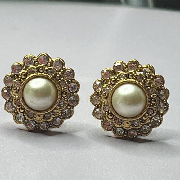 Vintage Rhinestone & Faux Pearl Clip-On Earrings - Picture 1 of 3